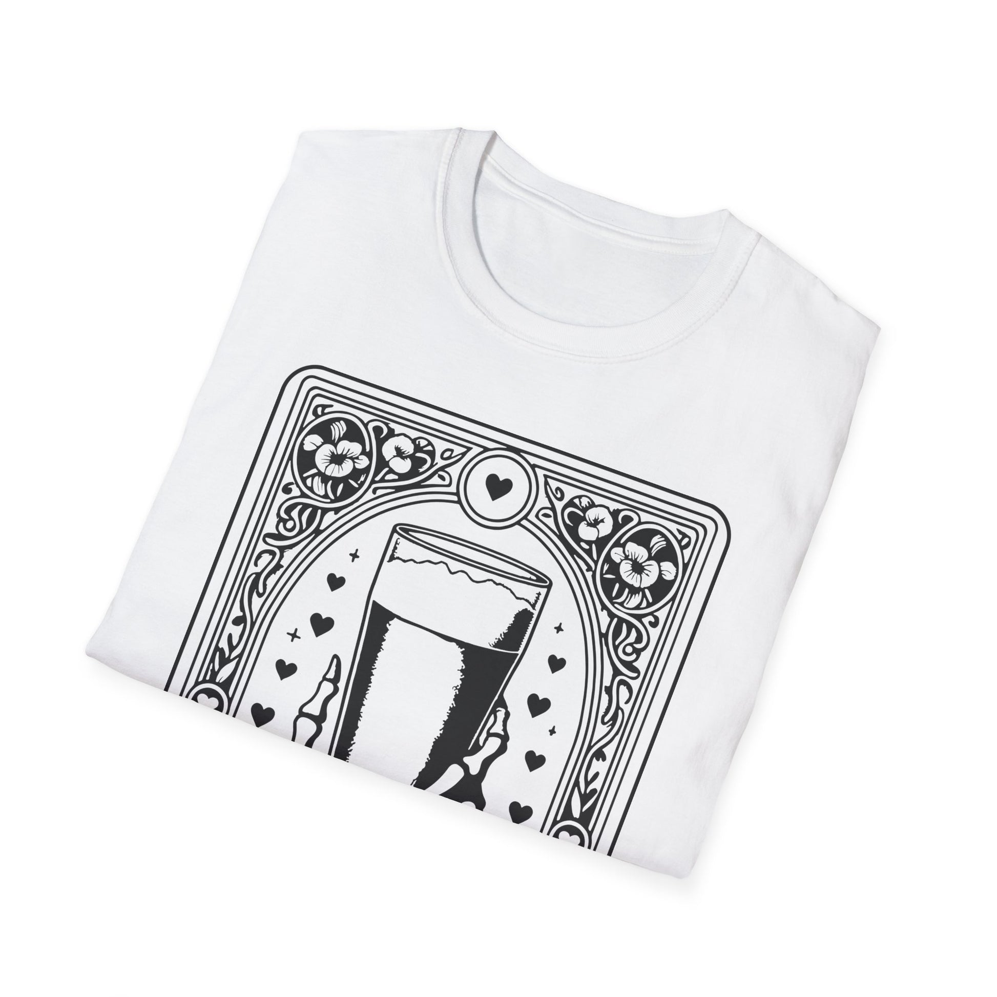 The Beer Tarot T-Shirt – weißes Unisex Shirt mit Skelett und Bierglas im mystischen Tarotkarten-Stil