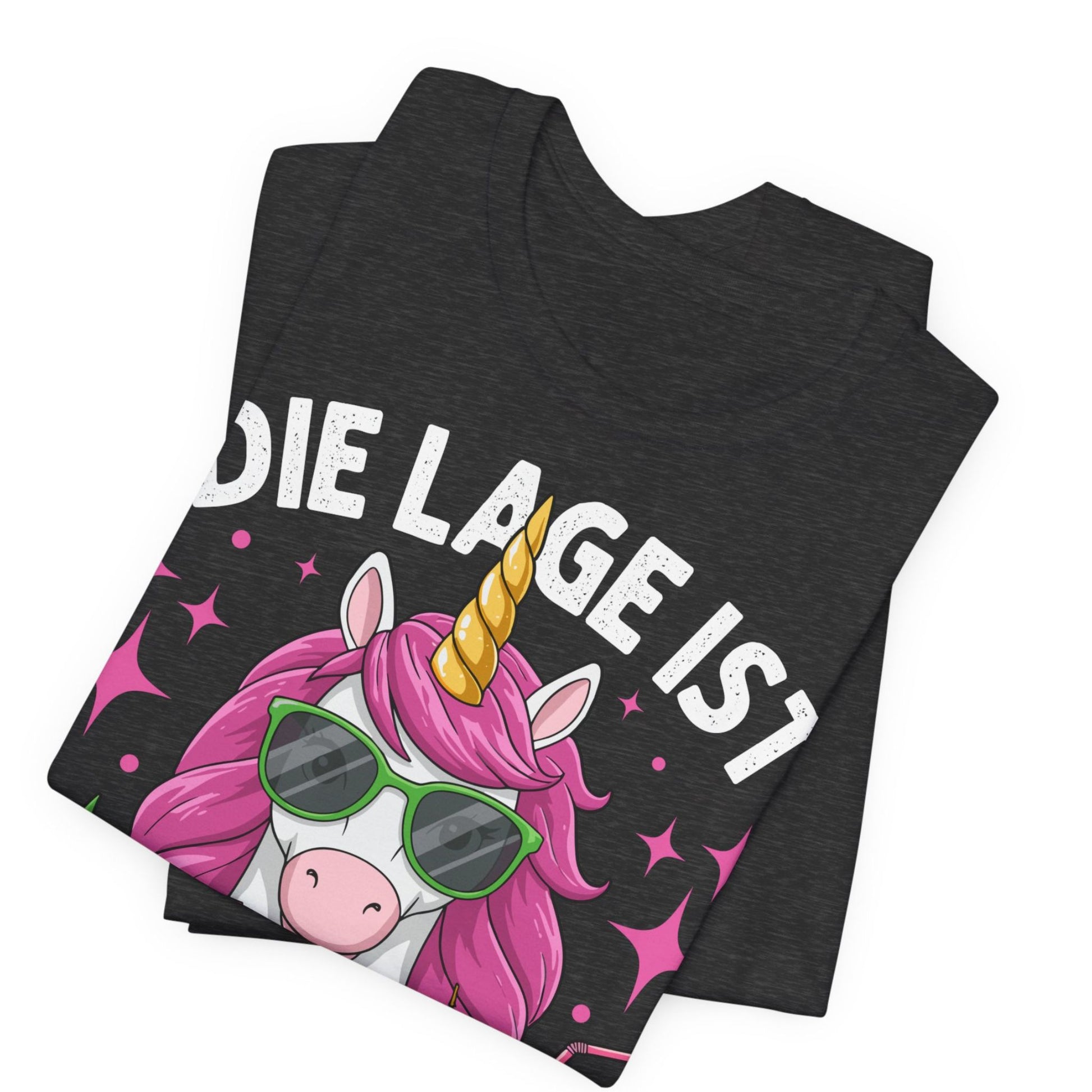 Unisex T-Shirt mit Einhorn und Spruch 'Die Lage ist besäufniserregend' – witziges Partymotiv mit Cocktails"