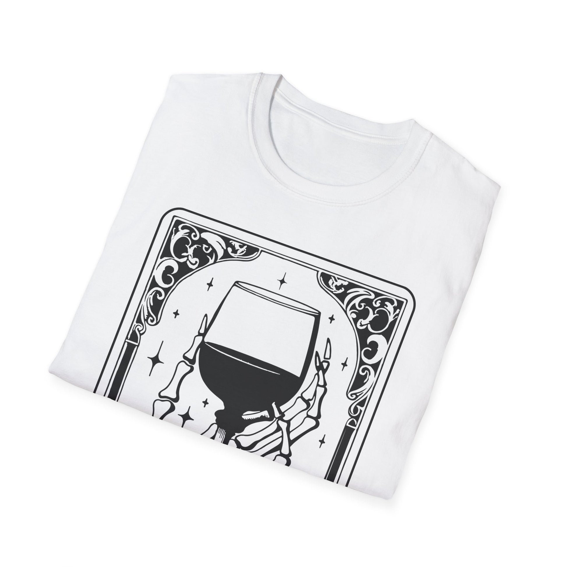 The Wine T-Shirt – Unisex Shirt mit Tarotkarten Design, Skelett mit Weinglas