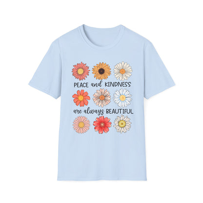 T-Shirt mit Aufschrift 'Peace & Kindness' und Blumenmotiv – feminines Statementshirt für Damen