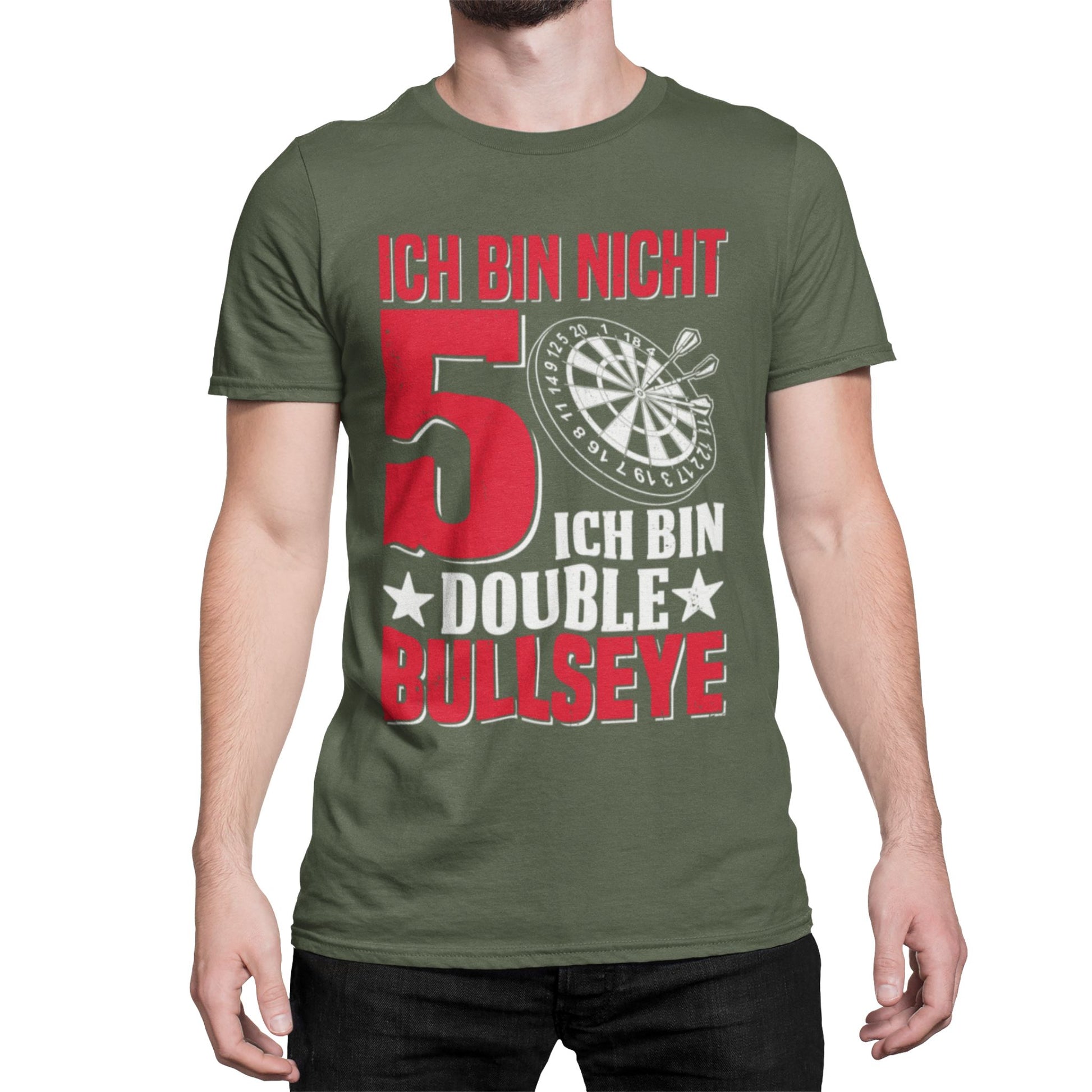 T-Shirt mit Spruch 'Ich bin nicht 50 – ich bin Double Bullseye' und Dartscheibe – witziges Geburtstagsgeschenk für Darts-Fans