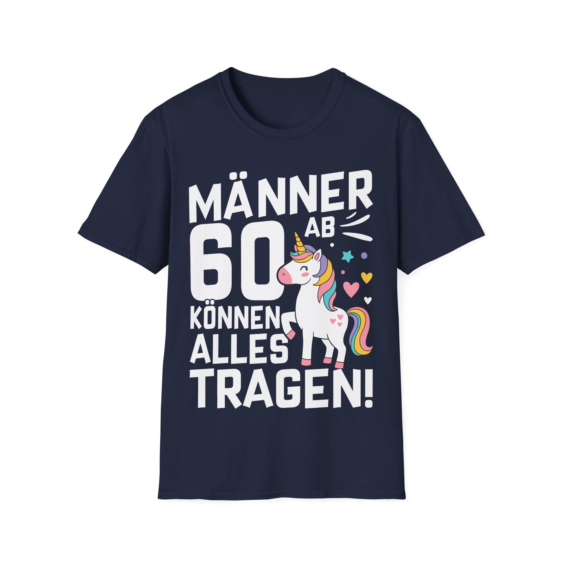Lustiges Männer T-Shirt mit Einhorn für den 60. Geburtstag – schwarzes Shirt mit bunter Grafik und Humor