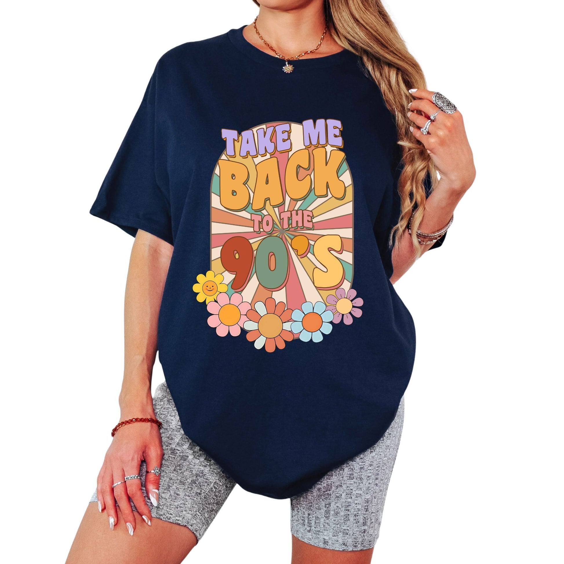 T-Shirt mit buntem Retro-Spruch 'Take me back to the 90’s' und Blumen – nostalgisches Vintage Shirt für 90er Fans