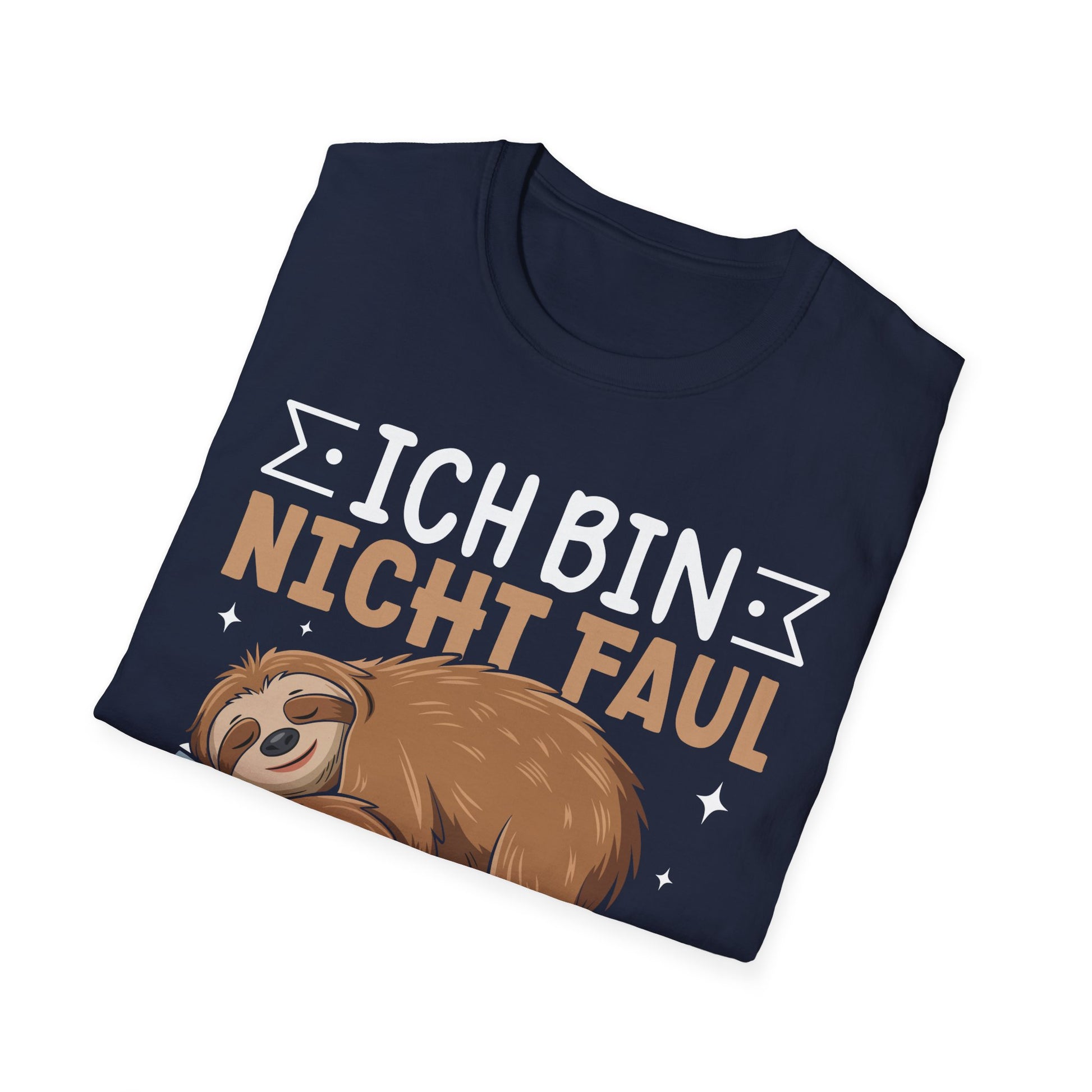 T-Shirt mit Spruch 'Ich bin nicht faul – ich bin im Energiesparmodus' und schlafendem Faultier – witziges Chill-Outfit