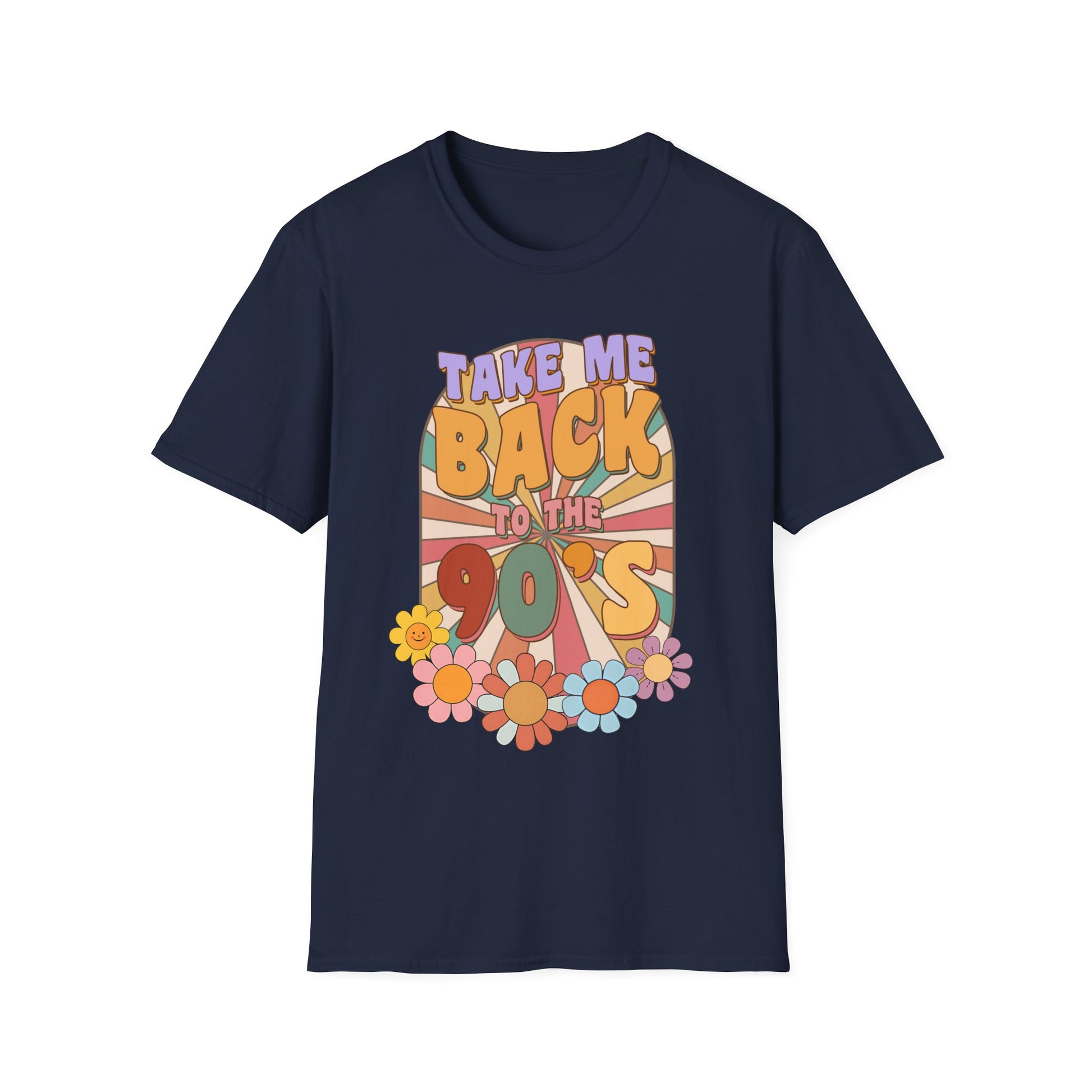 T-Shirt mit buntem Retro-Spruch 'Take me back to the 90’s' und Blumen – nostalgisches Vintage Shirt für 90er Fans