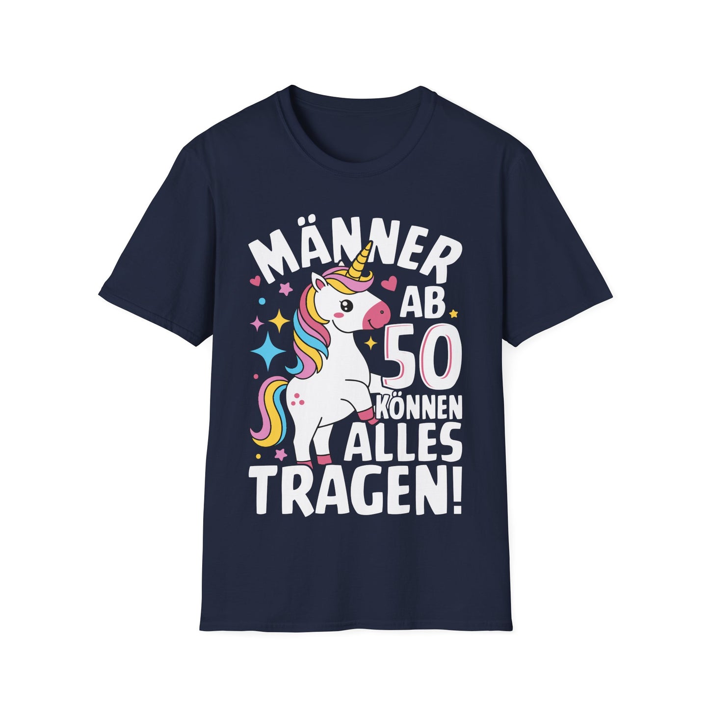 Lustiges Männer T-Shirt mit Einhorn für den 50. Geburtstag – schwarzes Shirt mit bunter Grafik für humorvolle Männer