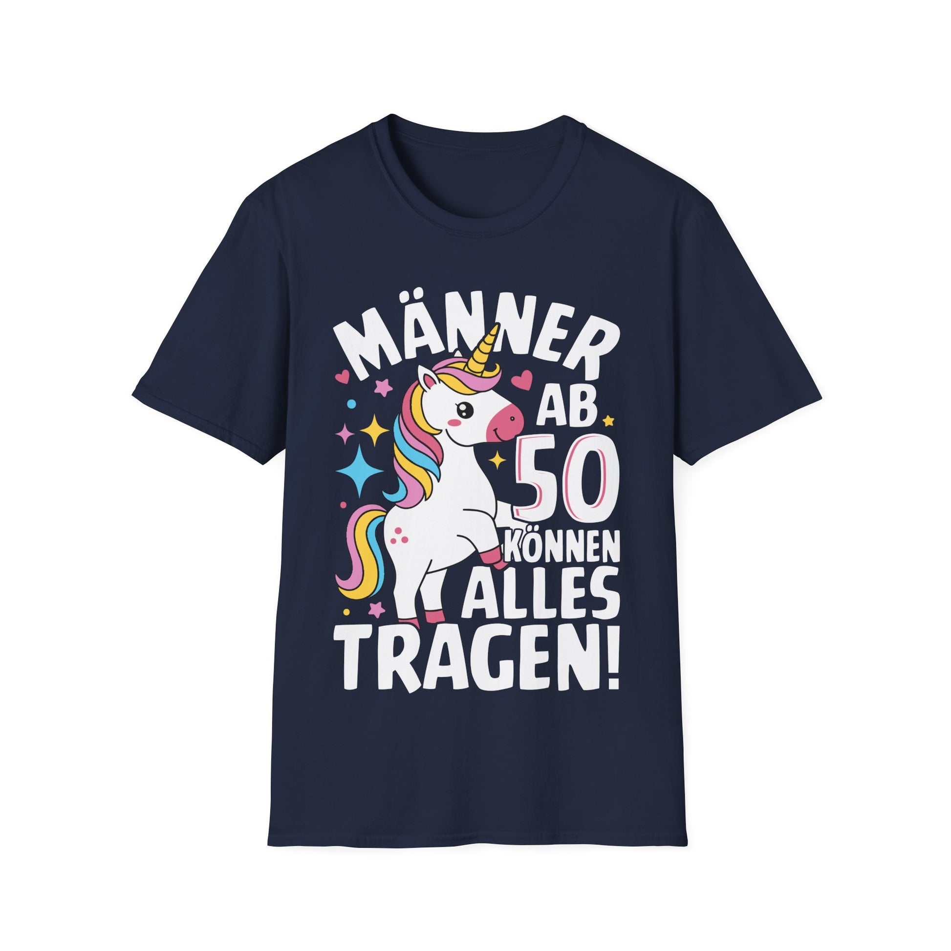 Lustiges Männer T-Shirt mit Einhorn für den 50. Geburtstag – schwarzes Shirt mit bunter Grafik für humorvolle Männer