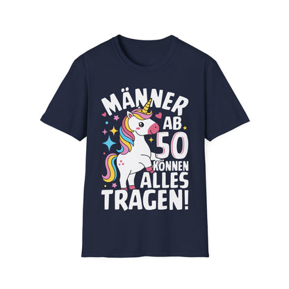 Lustiges Männer T-Shirt mit Einhorn für den 50. Geburtstag – schwarzes Shirt mit bunter Grafik für humorvolle Männer