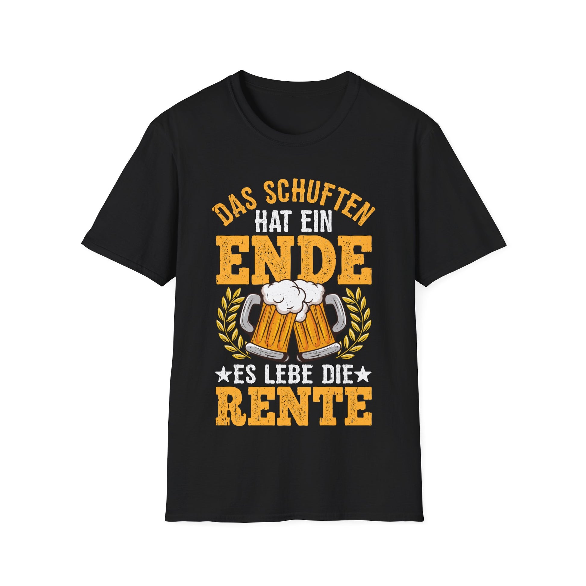 T-Shirt mit Spruch 'Das Schuften hat ein Ende – Es lebe die Rente' und Bier-Motiv – witziges Ruhestandsgeschenk