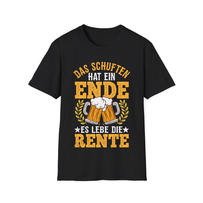 T-Shirt mit Spruch 'Das Schuften hat ein Ende – Es lebe die Rente' und Bier-Motiv – witziges Ruhestandsgeschenk