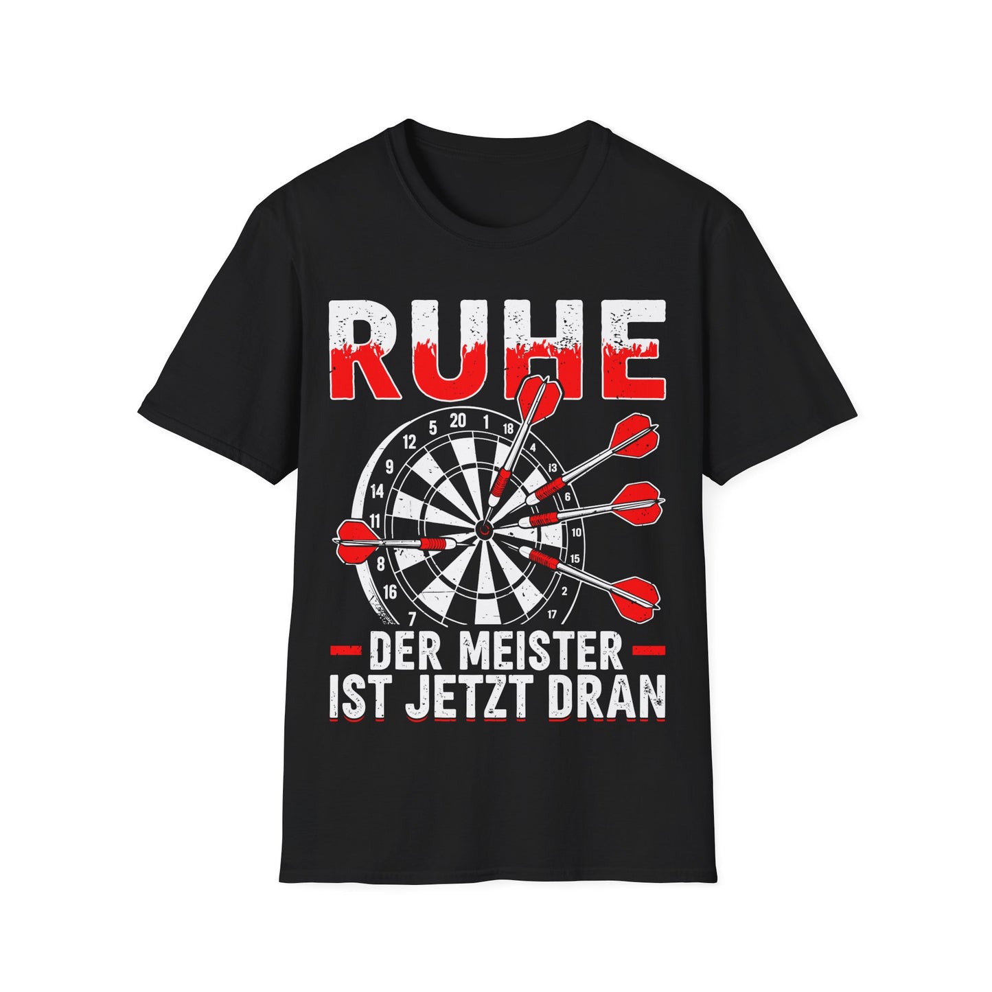 T-Shirt mit Spruch 'Ruhe – Der Meister ist jetzt dran' und Dartscheiben-Motiv – witziges Shirt für Dartspieler