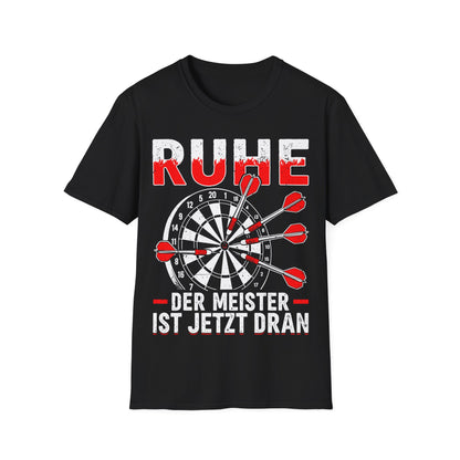 T-Shirt mit Spruch 'Ruhe – Der Meister ist jetzt dran' und Dartscheiben-Motiv – witziges Shirt für Dartspieler