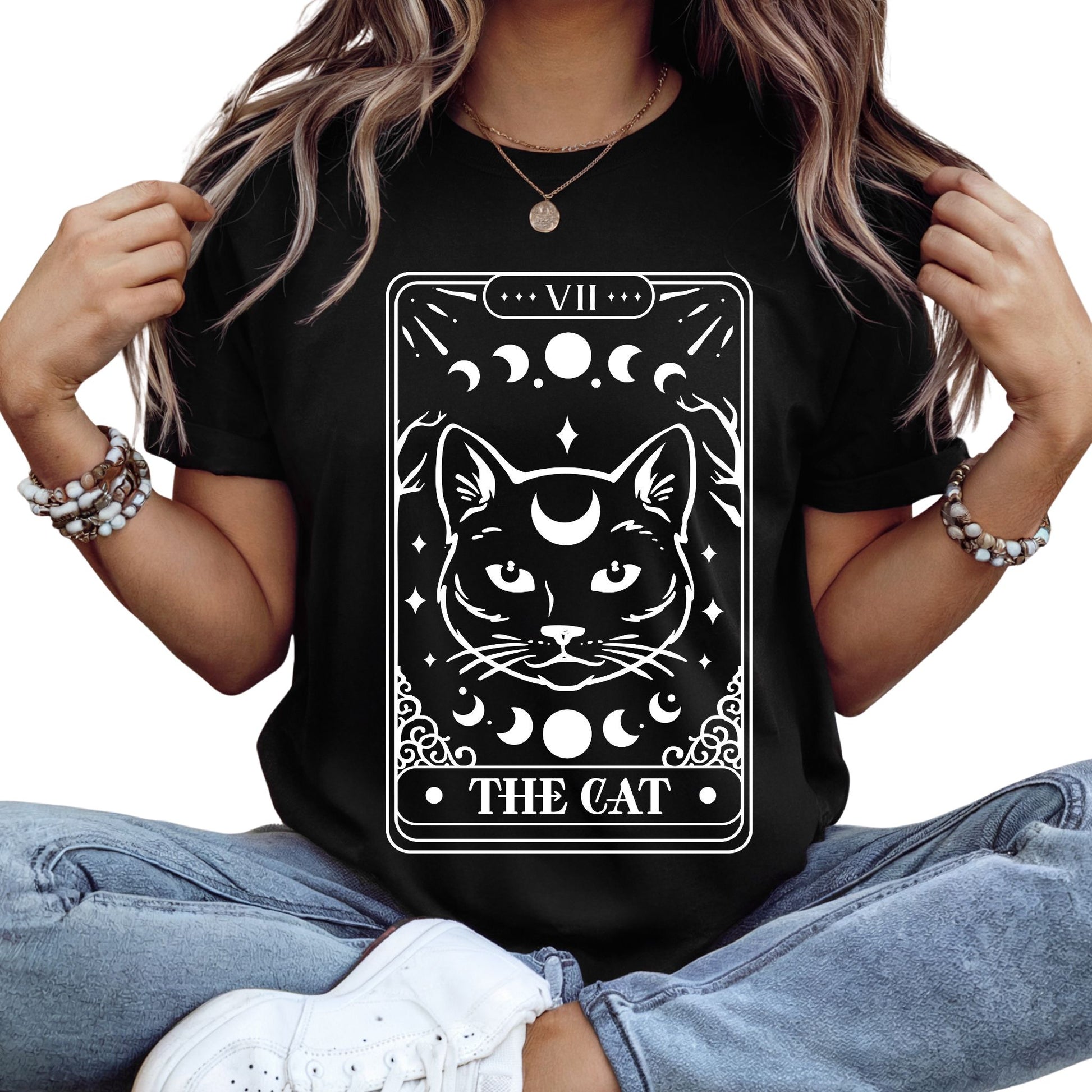 T-Shirt mit Tarotkarten-Motiv 'The Cat' – mystisches Shirt mit Katze im okkulten Stil