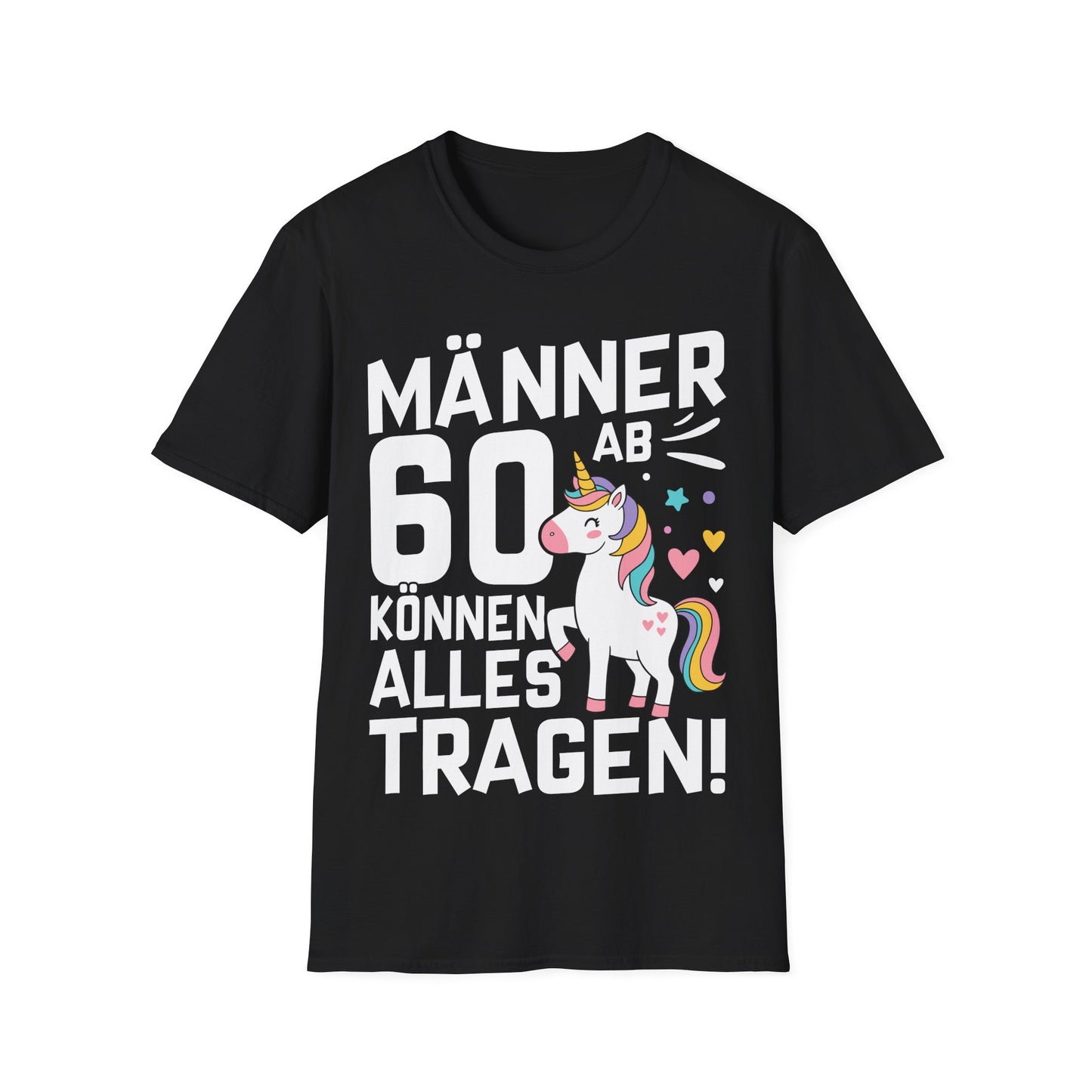 Lustiges Männer T-Shirt mit Einhorn für den 60. Geburtstag – schwarzes Shirt mit bunter Grafik und Humor
