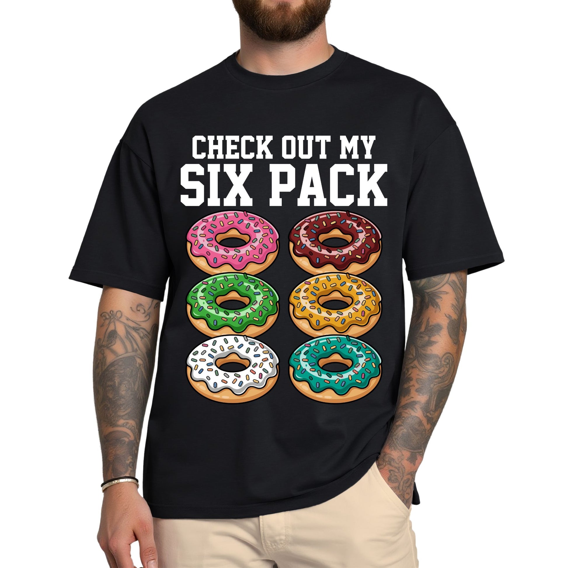T-Shirt mit Spruch 'Check out my Six Pack' und Donut-Motiv – lustiges Funshirt für Männer und Frauen