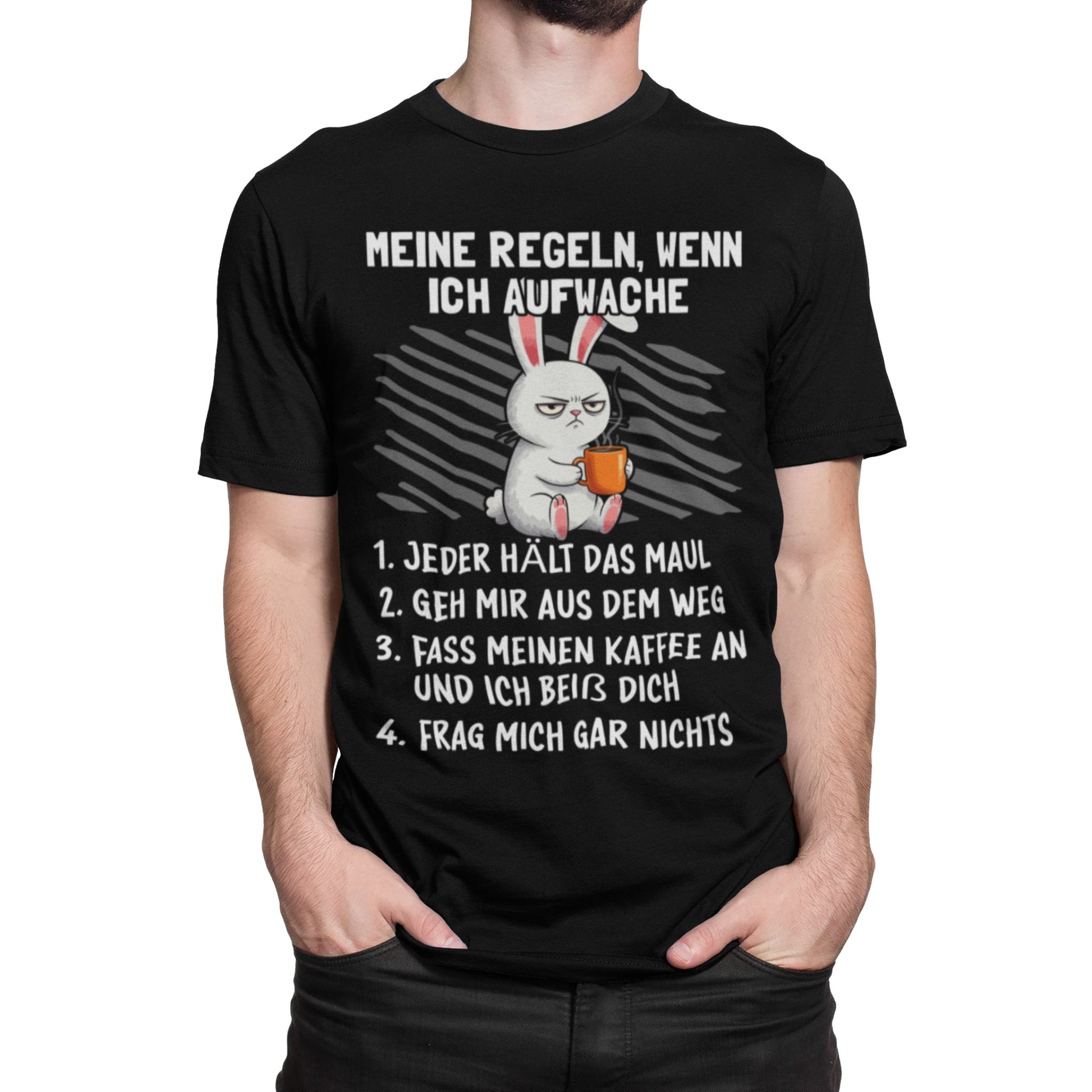 T-Shirt mit Spruch 'Meine Regeln, wenn ich aufwache' – Hasenmotiv mit Kaffeebecher – lustiges Morgenmuffel-Shirt