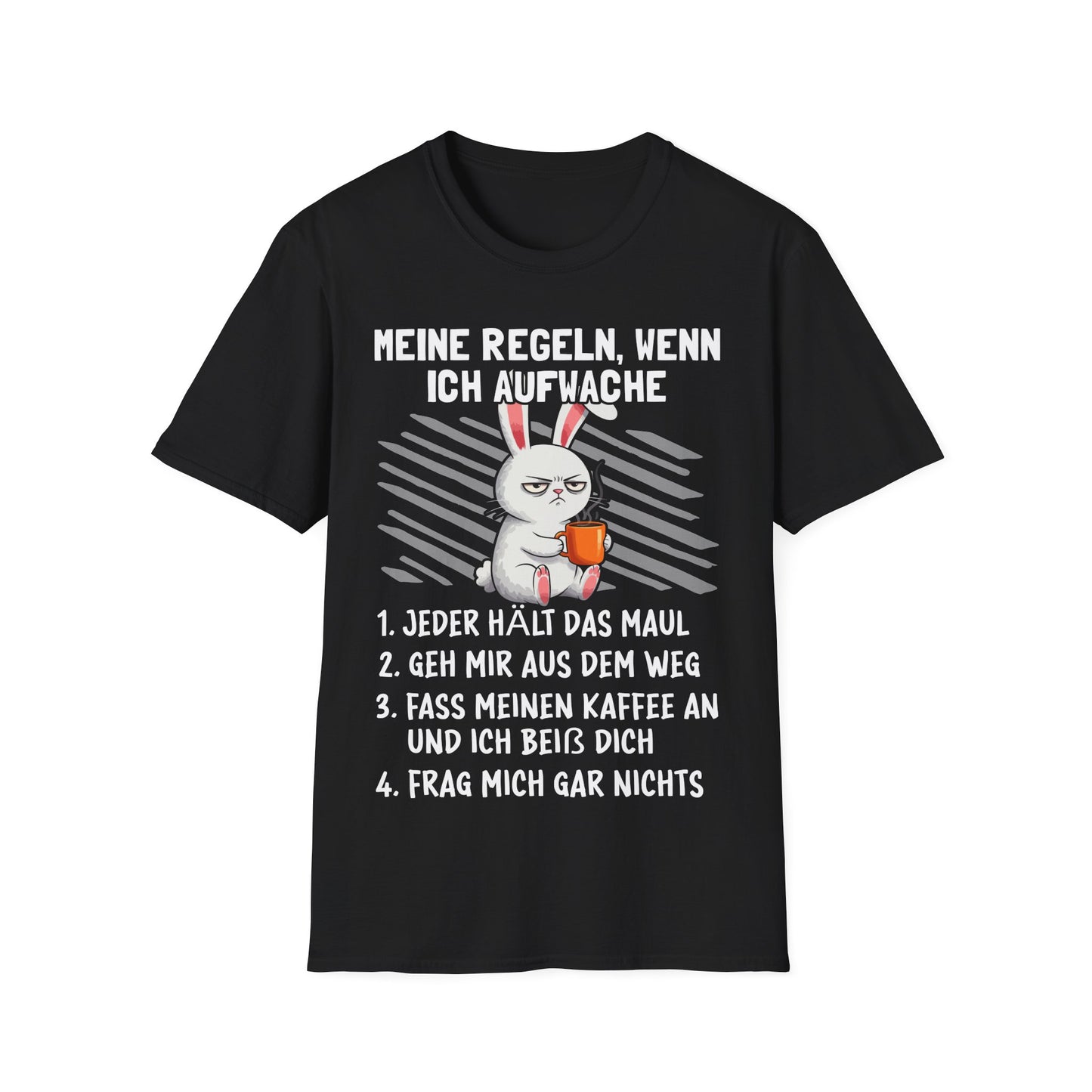 T-Shirt mit Spruch 'Meine Regeln, wenn ich aufwache' – Hasenmotiv mit Kaffeebecher – lustiges Morgenmuffel-Shirt