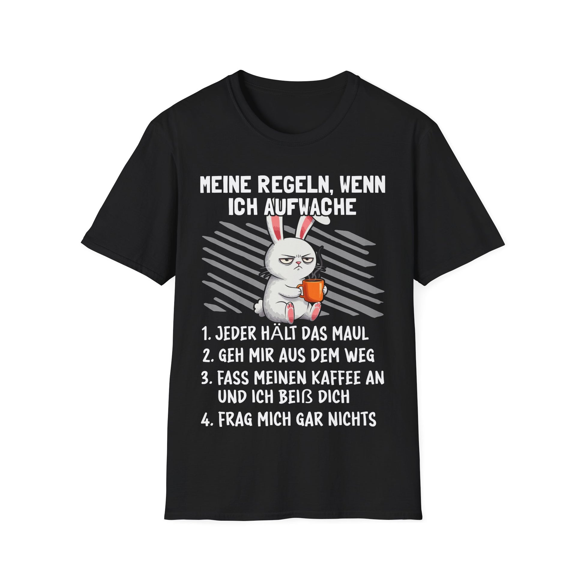 T-Shirt mit Spruch 'Meine Regeln, wenn ich aufwache' – Hasenmotiv mit Kaffeebecher – lustiges Morgenmuffel-Shirt