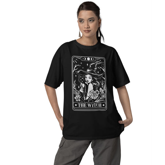 The Witch Tarot T-Shirt – schwarzes Unisex Shirt mit mystischem Motiv für Hexen & Katzenfans