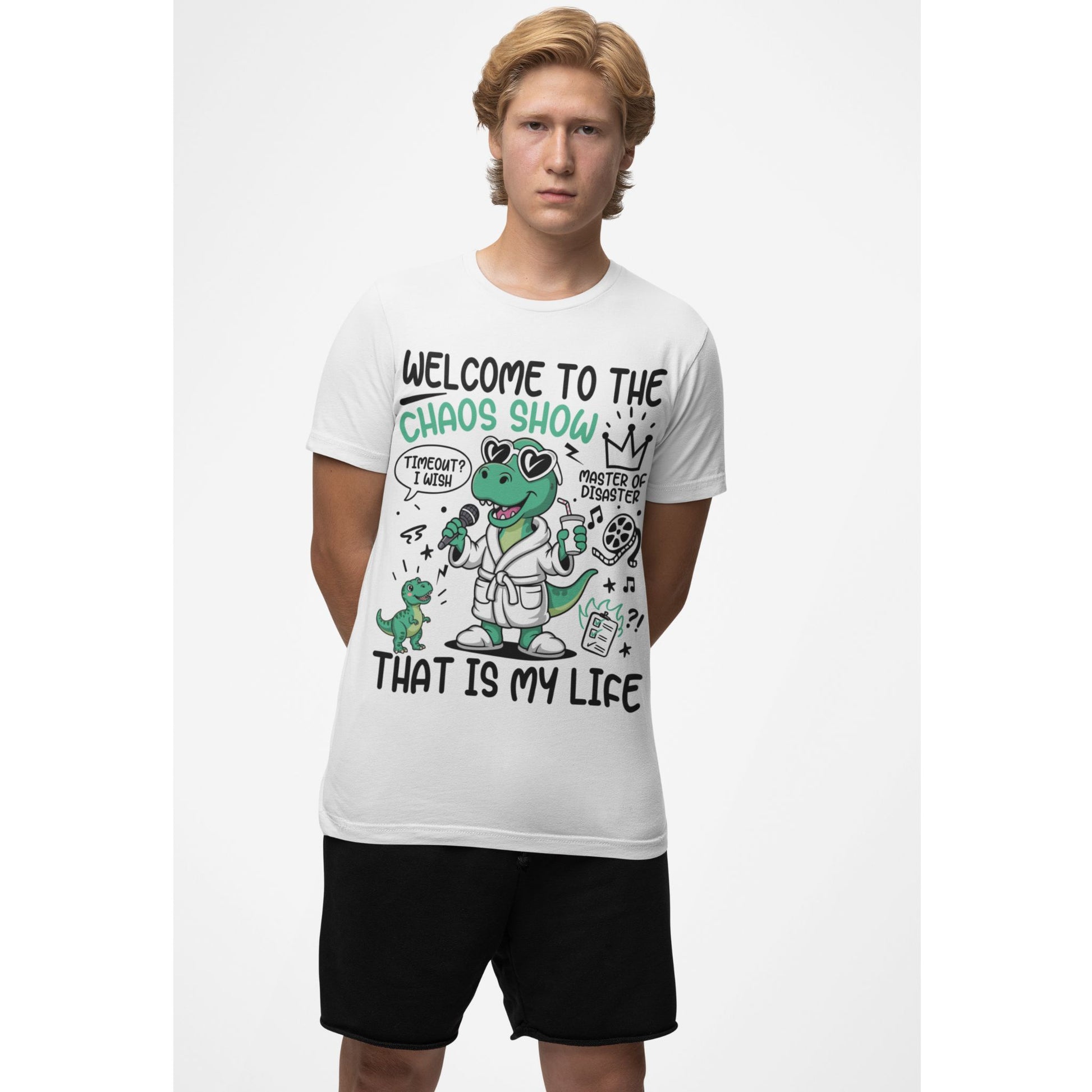 Lustiges T-Rex T-Shirt mit Spruch ‚Welcome to the Chaos Show‘ – Dino mit Herz-Sonnenbrille auf schwarzem Unisex Shirt“