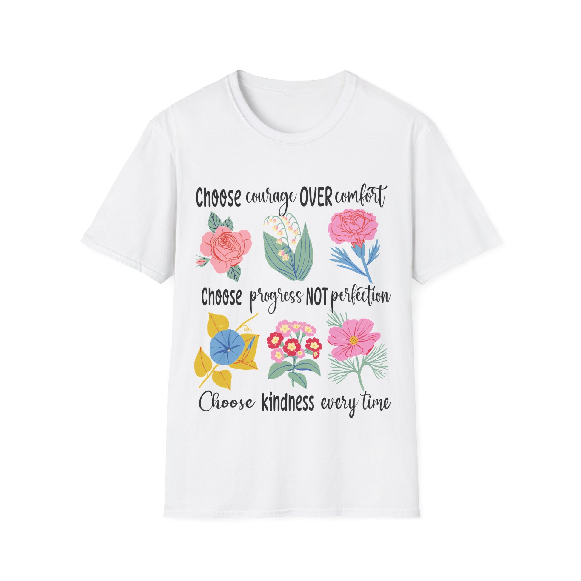 T-Shirt mit Blumenprint und Aufschrift 'Choose Kindness' – feminines Statementshirt für Frauen