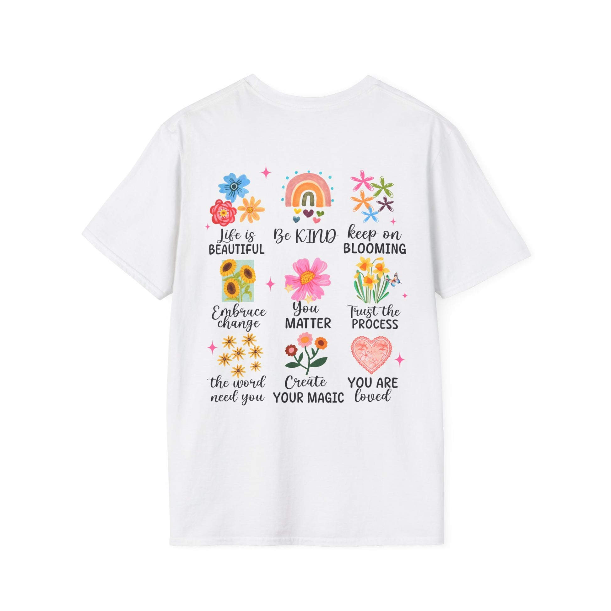 T-Shirt mit Rückenprint für Damen – florale Motive & positive Sprüche – Unisex Shirt in 3 Farben