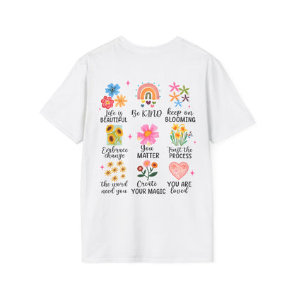 T-Shirt mit Rückenprint für Damen – florale Motive & positive Sprüche – Unisex Shirt in 3 Farben