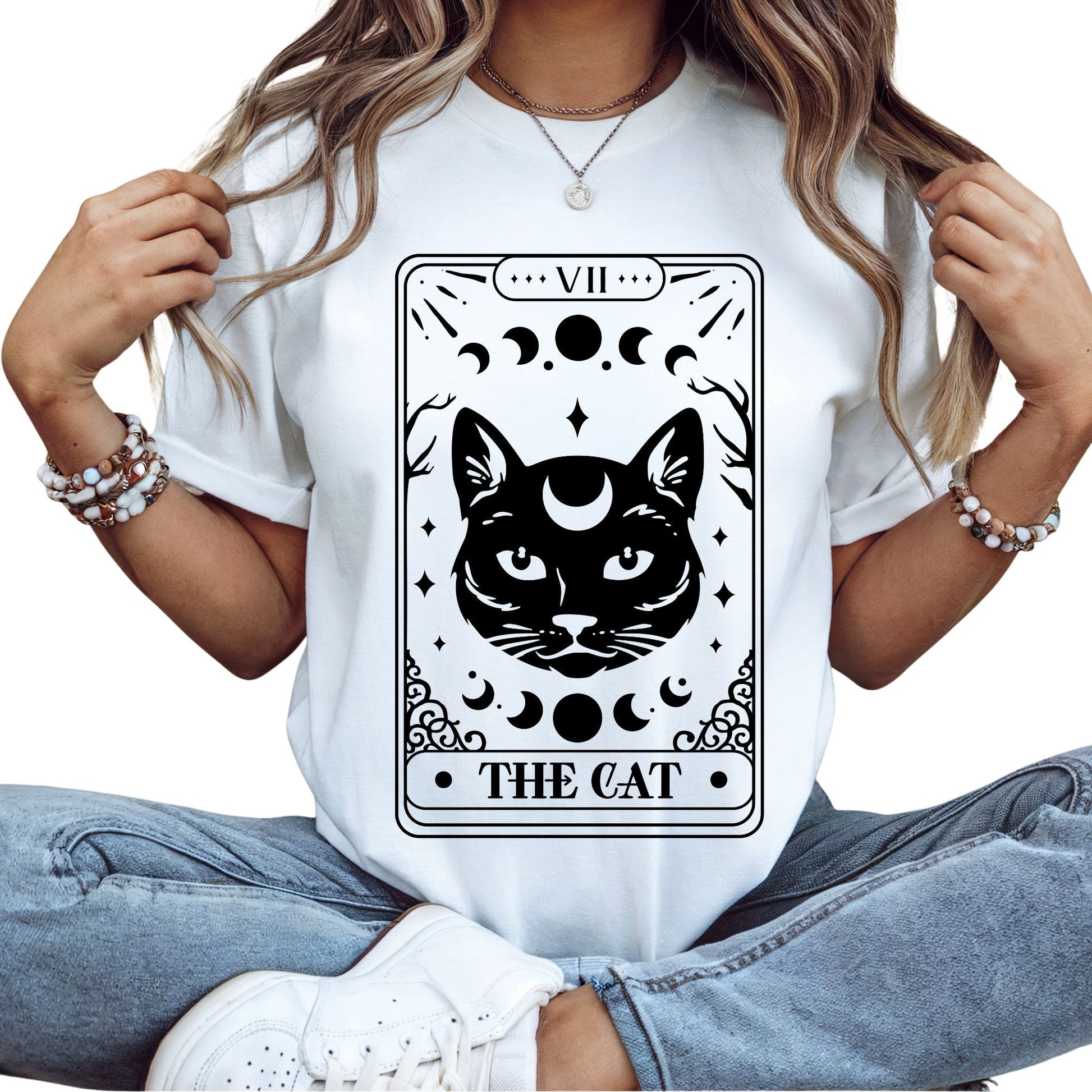 T-Shirt mit Tarotkarten-Motiv 'The Cat' – mystisches Shirt mit Katze im okkulten Stil