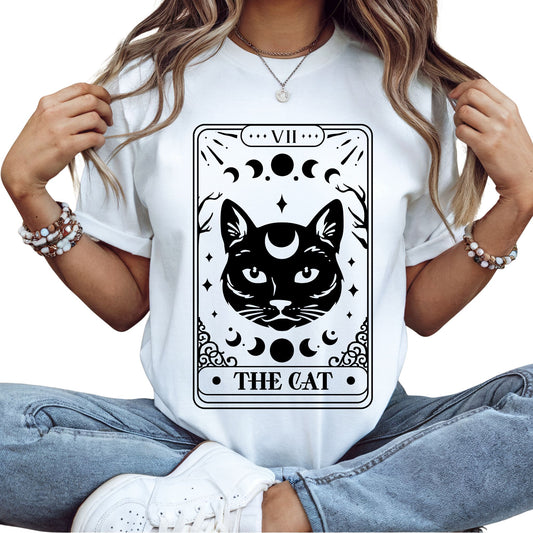 T-Shirt mit Tarotkarten-Motiv 'The Cat' – mystisches Shirt mit Katze im okkulten Stil