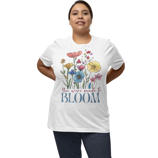 T-Shirt mit Blumenmotiv & Aufdruck 'You were made to BLOOM' – feminines Statementshirt für Frauen