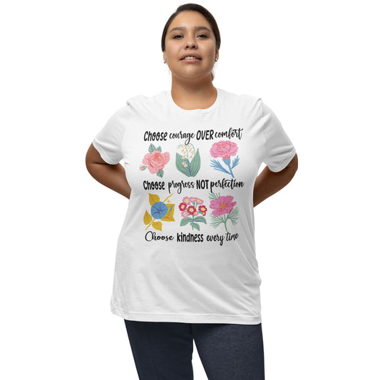 T-Shirt mit Blumenprint und Aufschrift 'Choose Kindness' – feminines Statementshirt für Frauen