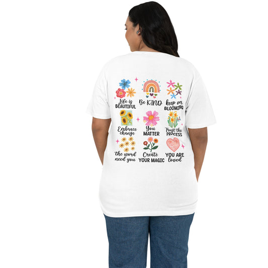 T-Shirt mit Rückenprint für Damen – florale Motive & positive Sprüche – Unisex Shirt in 3 Farben