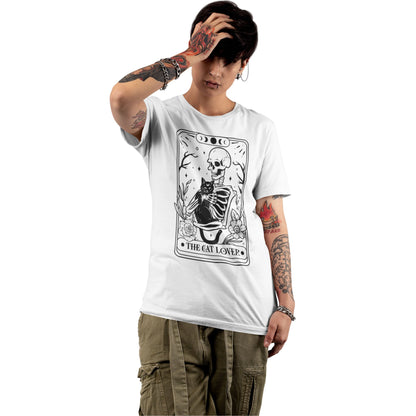T-Shirt mit Skelett & Katze im Tarotkarten-Design – okkultes Cat Lover Shirt im Unisex Style