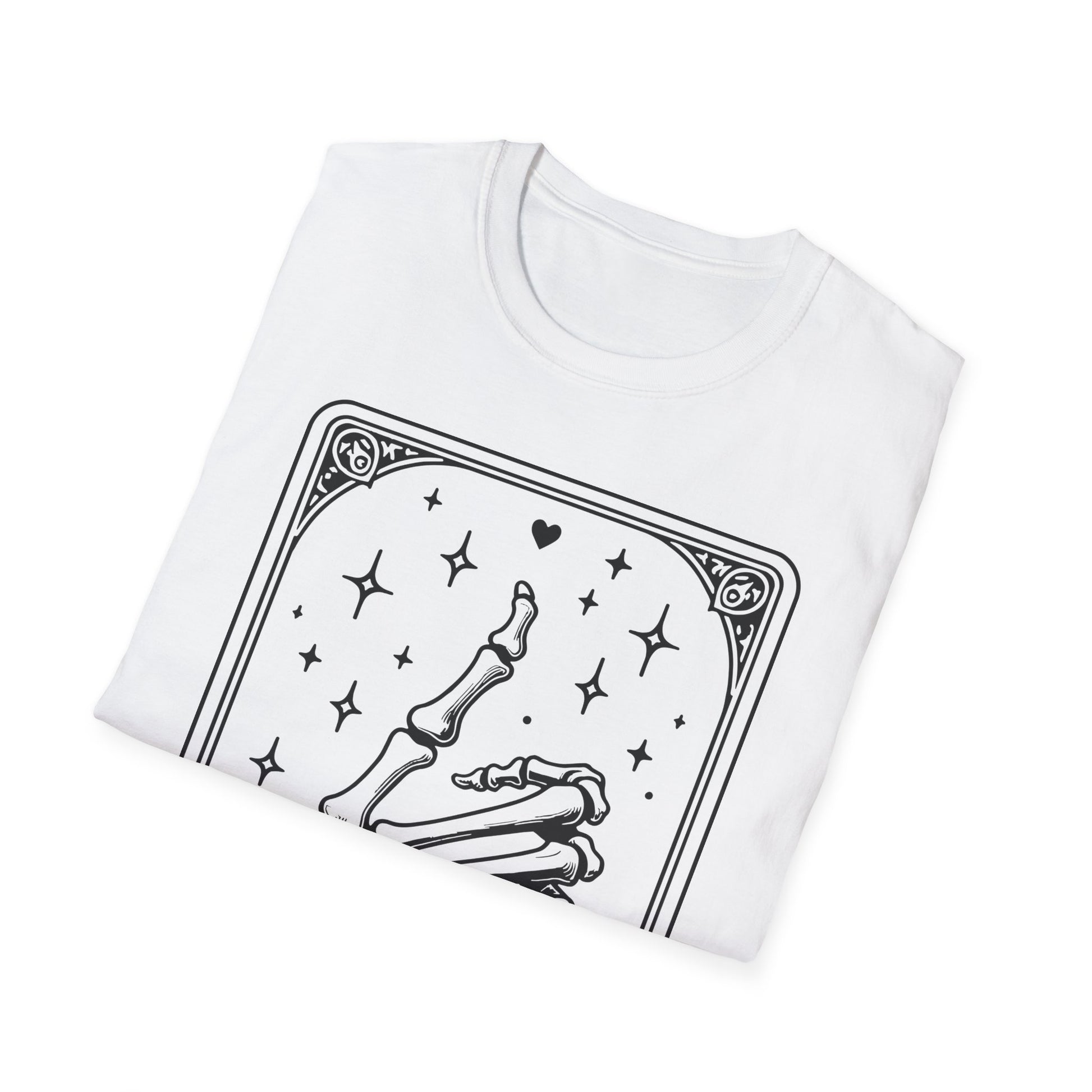 The Like Tarot T-Shirt – weißes Unisex Shirt mit Skelett und Daumen hoch im Tarotkarten-Stil