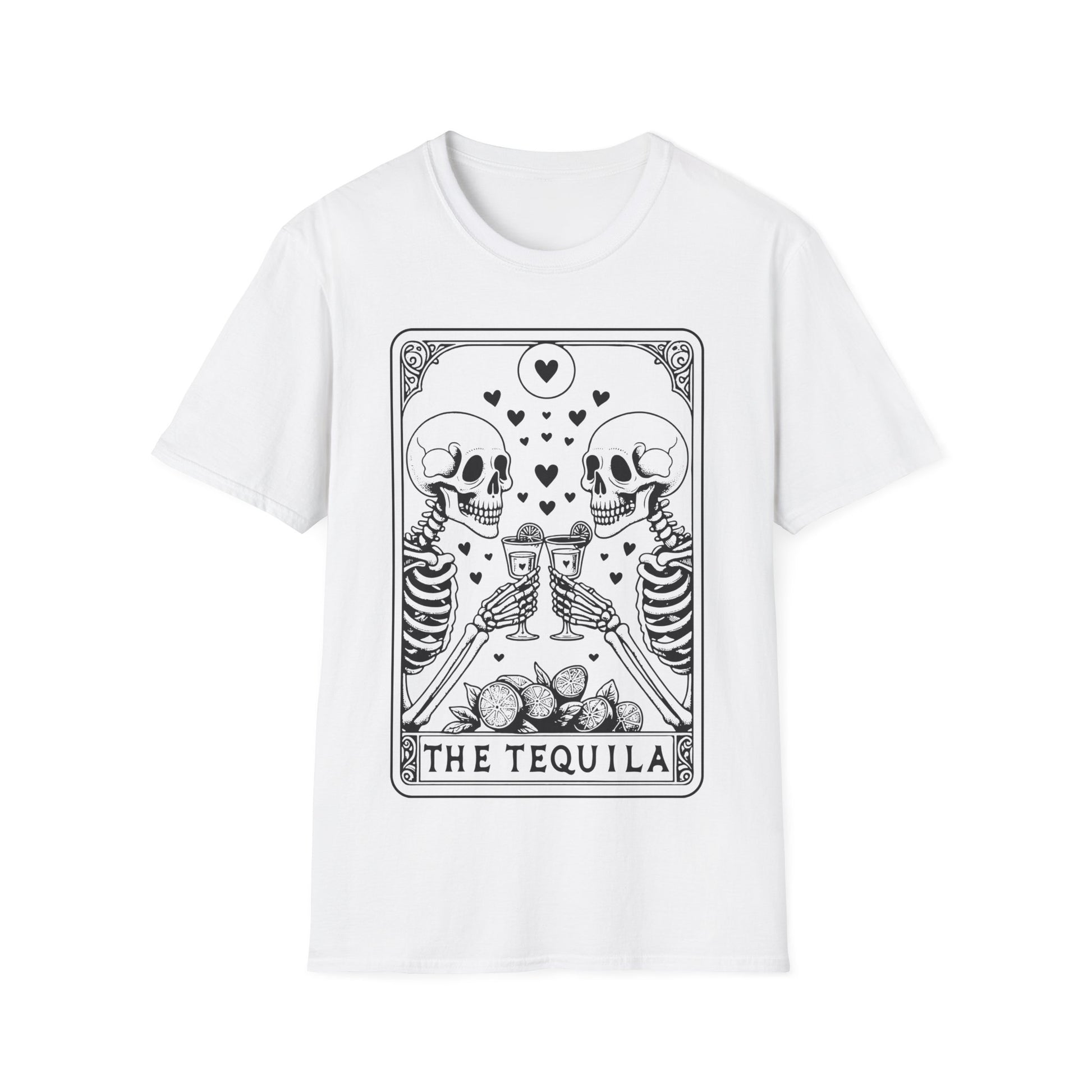 The Tequila Tarot T-Shirt – weißes Unisex Shirt mit zwei Skeletten, die mit Pinnchen anstoßen im Tarotkarten-Stil