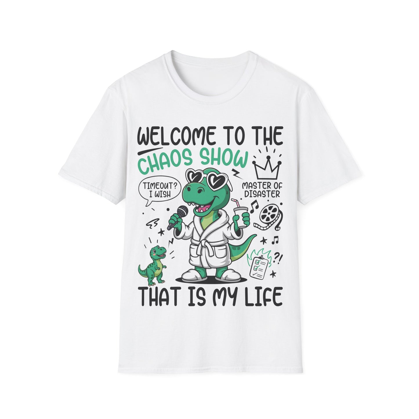 Lustiges T-Rex T-Shirt mit Spruch ‚Welcome to the Chaos Show‘ – Dino mit Herz-Sonnenbrille auf schwarzem Unisex Shirt“