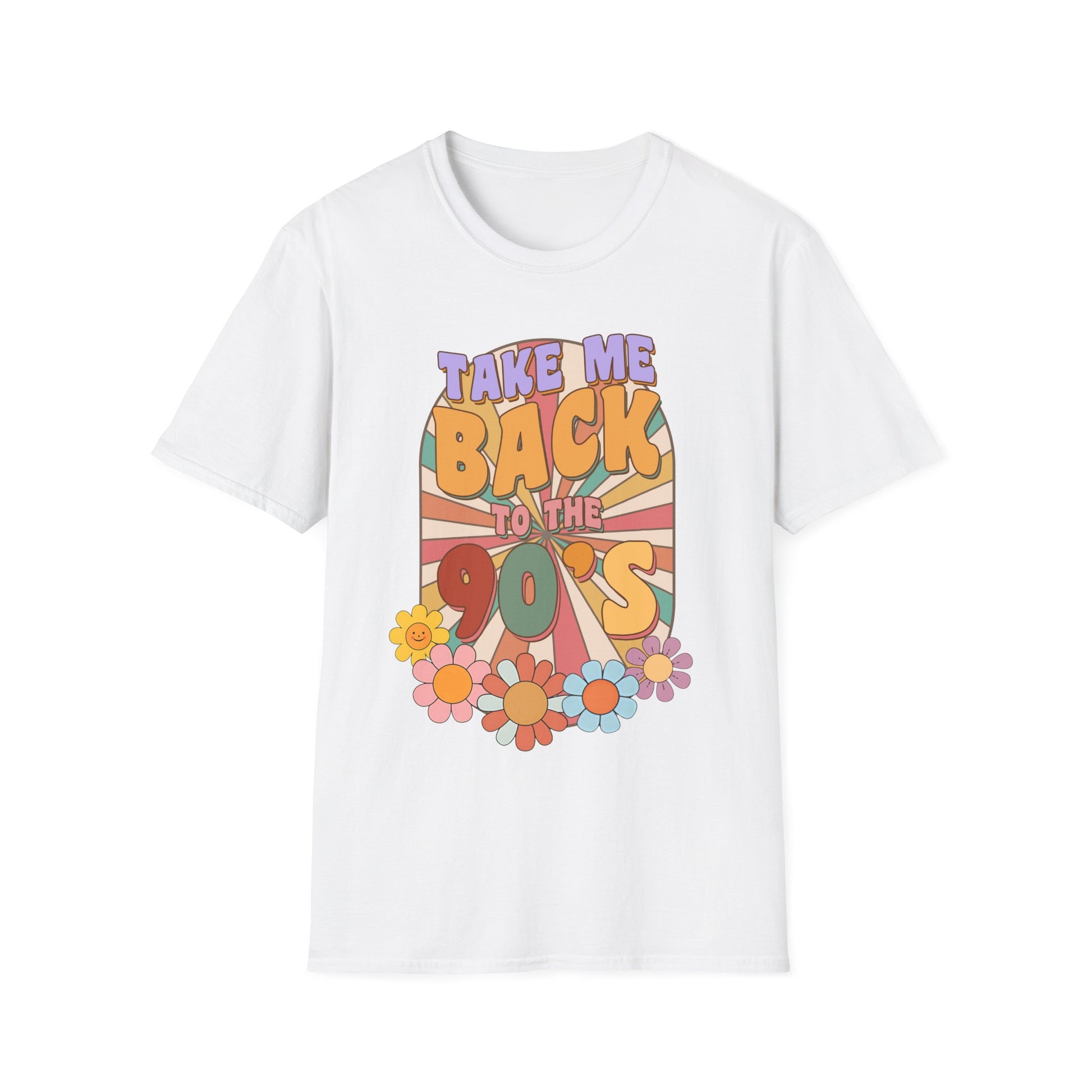 T-Shirt mit buntem Retro-Spruch 'Take me back to the 90’s' und Blumen – nostalgisches Vintage Shirt für 90er Fans