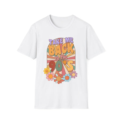 T-Shirt mit buntem Retro-Spruch 'Take me back to the 90’s' und Blumen – nostalgisches Vintage Shirt für 90er Fans
