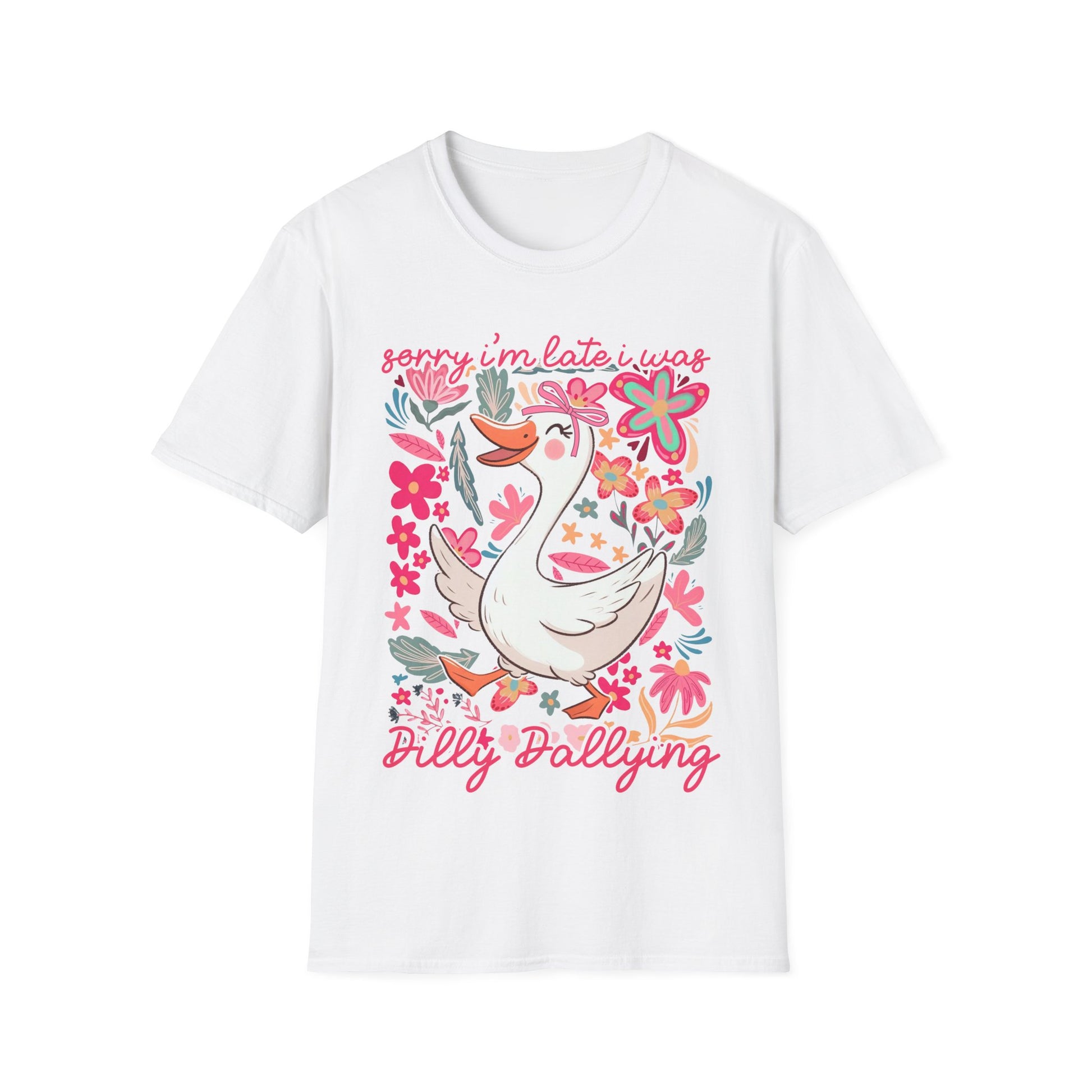 tshirt mit dem aufdruck 'sorry i'm late - i was dilly dallying' trendy design mit gans und blumen